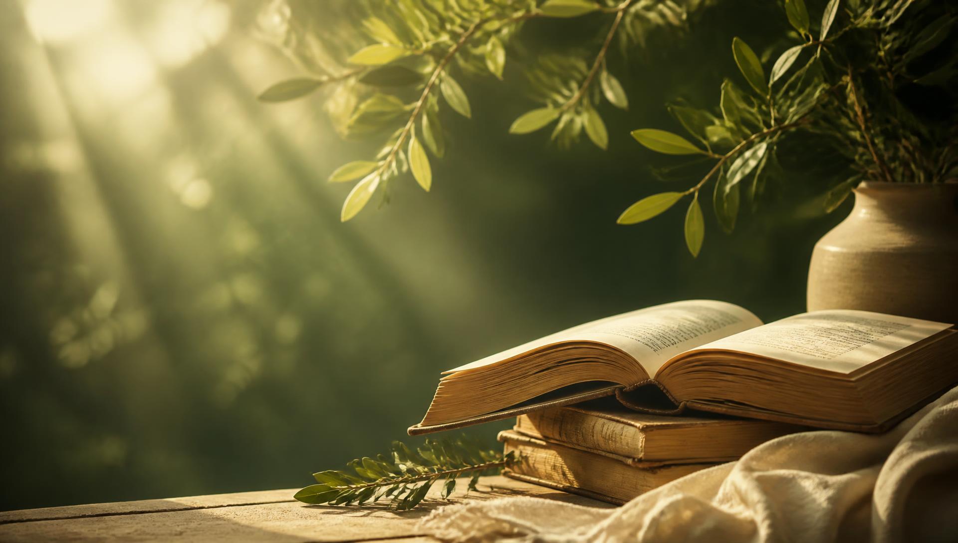 Livros antigos e folhas banhados por luz dourada
